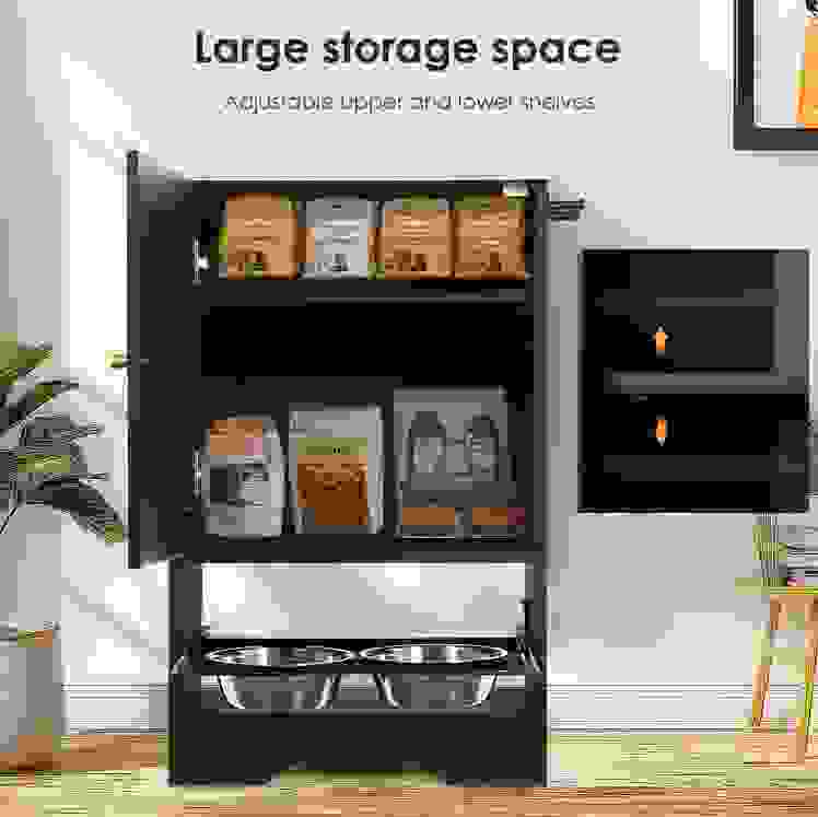 Feeding Station With 1 Locker, Pet Feeding Station With 2 Overhead Dog Bowls, Side Hooks, Anti-Tipping Kit, Concealed Pet Feeding Station For Feeding And Drinking, Black.