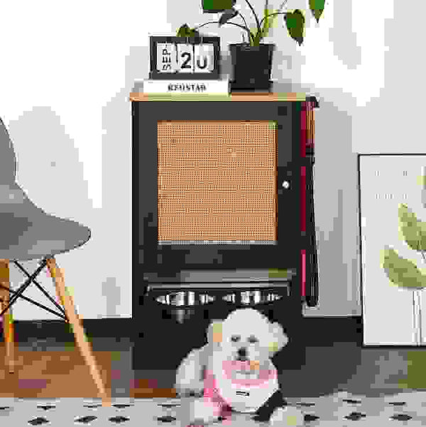 Feeding Station With 1 Locker, Pet Feeding Station With 2 Overhead Dog Bowls, Side Hooks, Anti-Tipping Kit, Concealed Pet Feeding Station For Feeding And Drinking, Black.