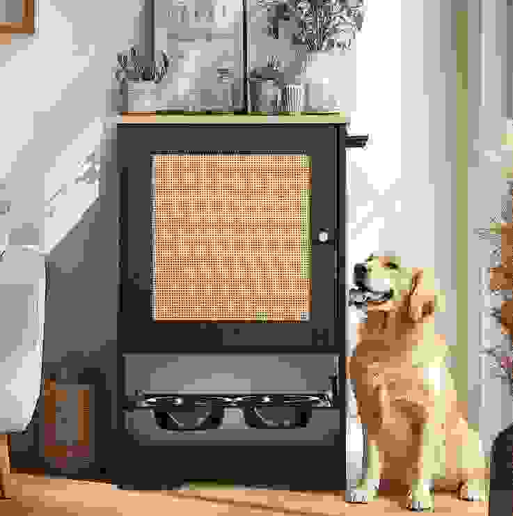 Feeding Station With 1 Locker, Pet Feeding Station With 2 Overhead Dog Bowls, Side Hooks, Anti-Tipping Kit, Concealed Pet Feeding Station For Feeding And Drinking, Black.