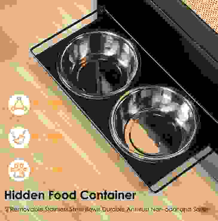 Feeding Station With 1 Locker, Pet Feeding Station With 2 Overhead Dog Bowls, Side Hooks, Anti-Tipping Kit, Concealed Pet Feeding Station For Feeding And Drinking, Black.